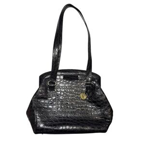 Brahmin Black Satchel Bag Crocodile Embossed Large Gold Hardware Croc Leather